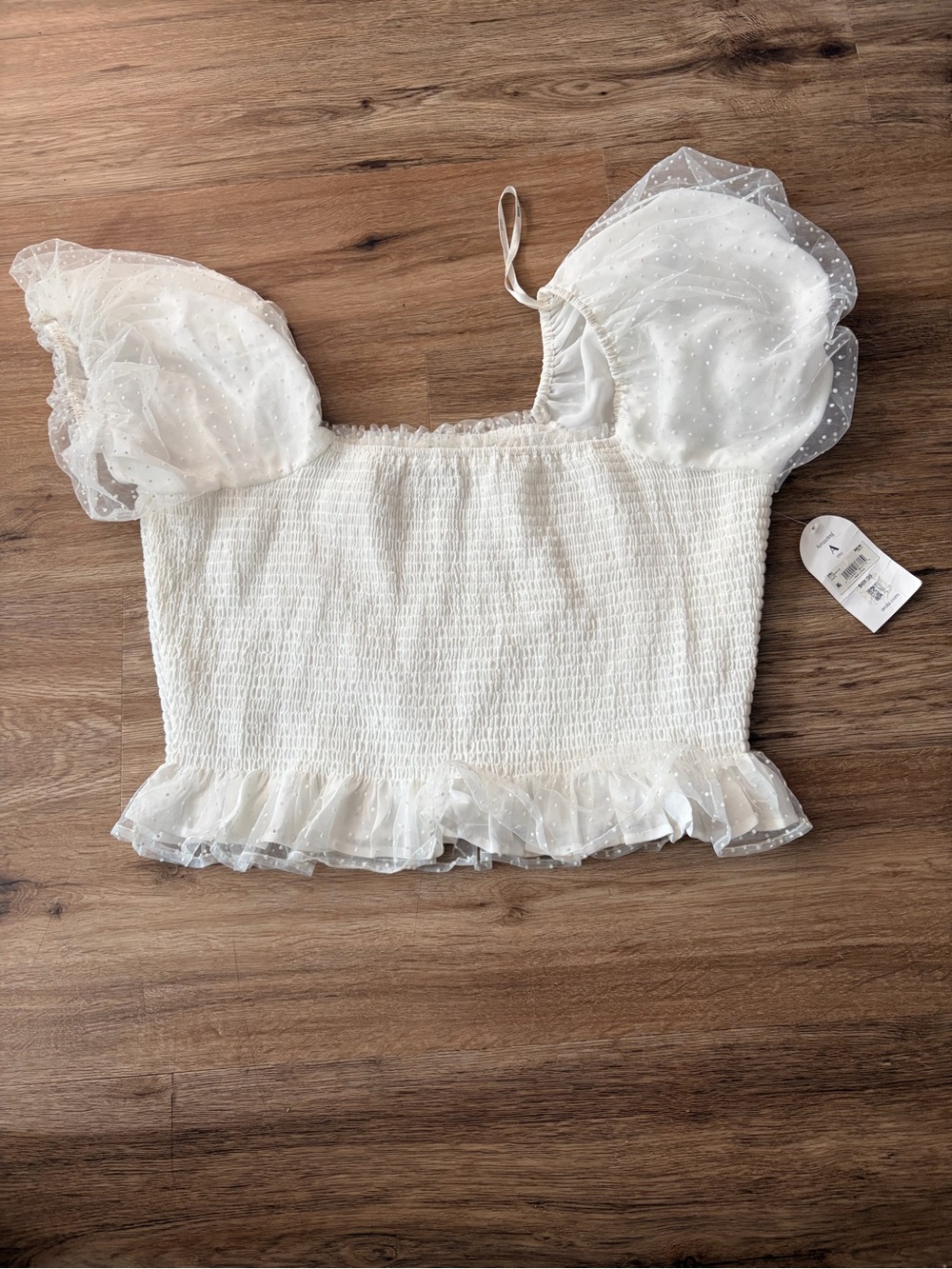 ARULA Ivory Smocked Crop Top with Dot Mesh Puff Sleeves